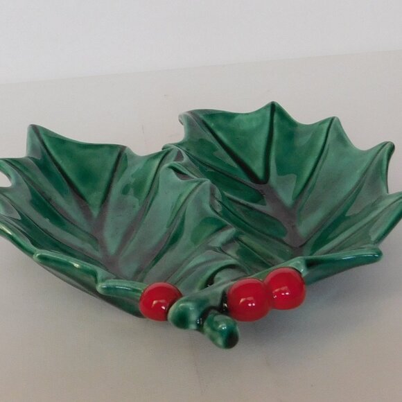 Green Holly Leaf Berry Stem Christmas Candy Dish VTG 70's Atlantic Mold - Picture 4 of 7